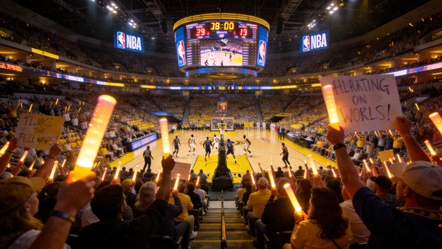 NBA篮球场馆内座无虚席，球迷为精彩比赛欢呼